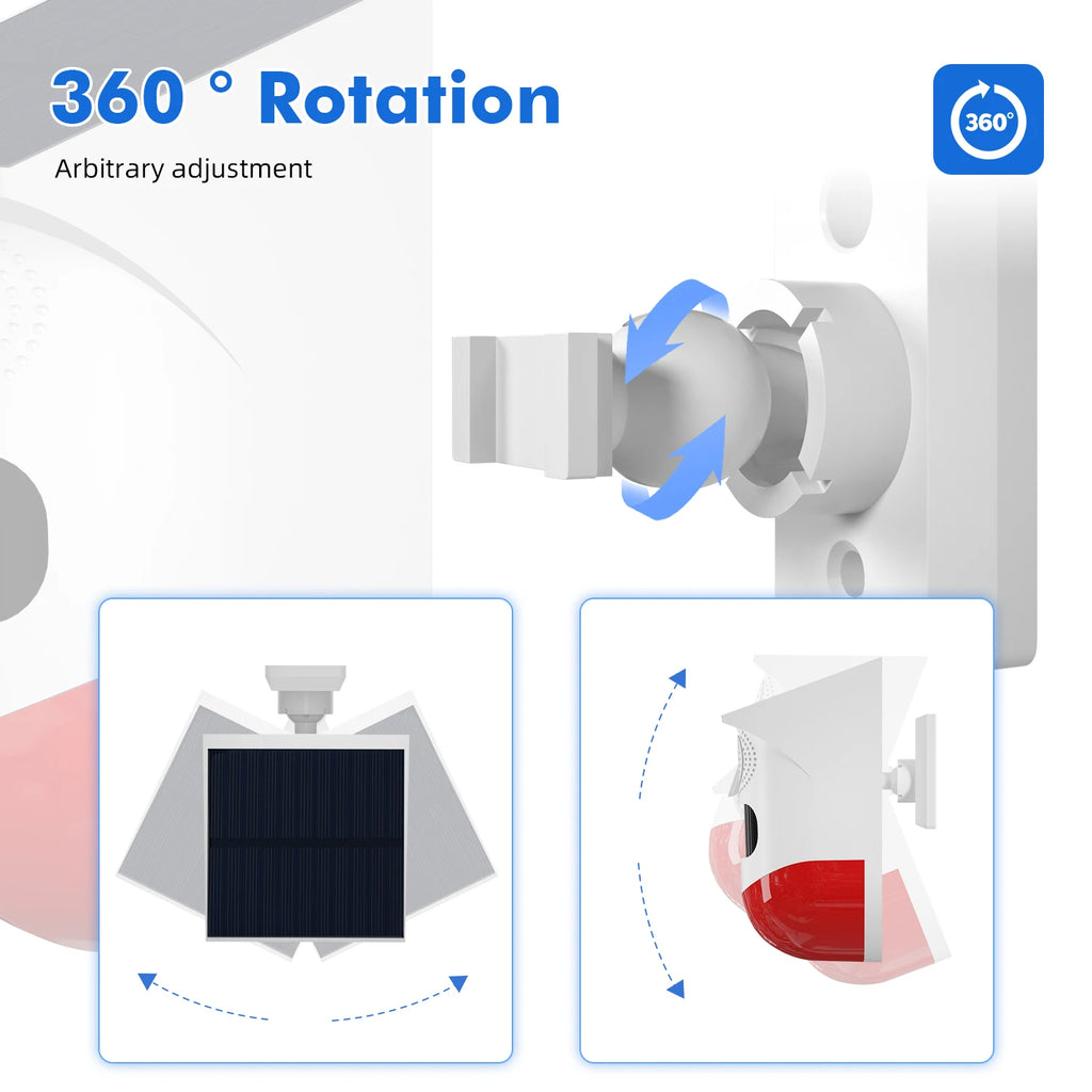 White solar wireless security alarm with a ball joint mount for 360-degree rotation and adjustable positioning.
