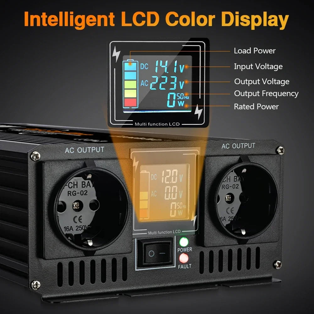 Black 4000W-6000W power inverter with two AC sockets, power switch, LED indicators, and a bright, colour LCD screen.