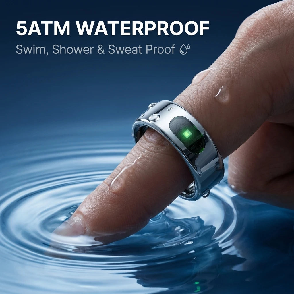 Sleek silver smart health ring with a glowing sensor worn on a finger, shown touching water to highlight 5ATM waterproof.