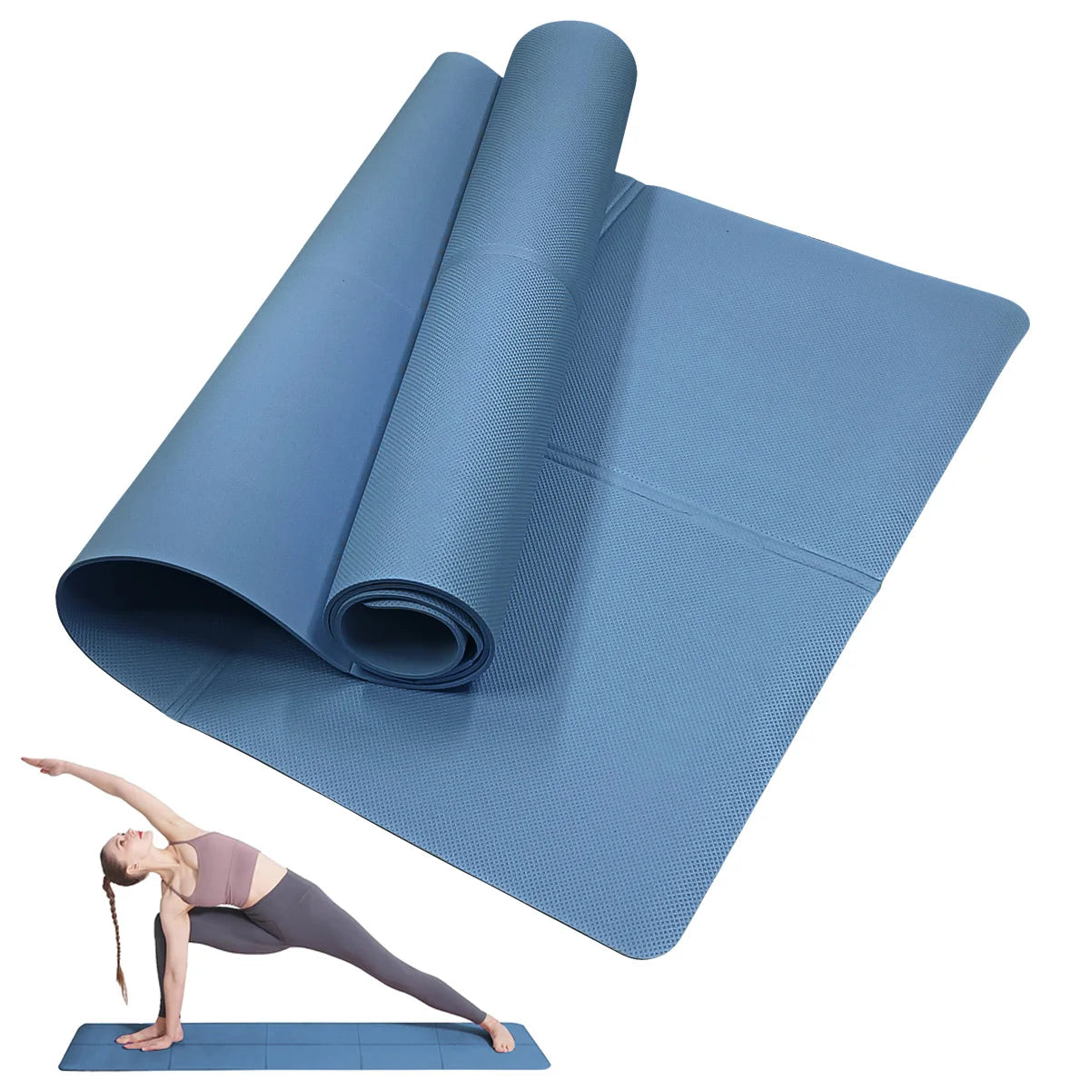A blue non-slip exercise mat, partially rolled, with a small inset image of a woman using it for yoga.
