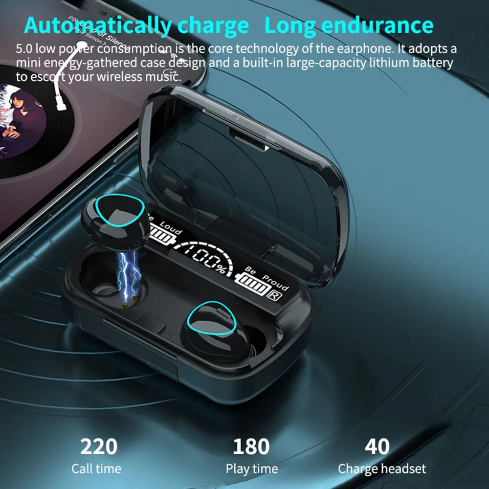 Black wireless earbuds in a translucent charging case with a digital battery display.