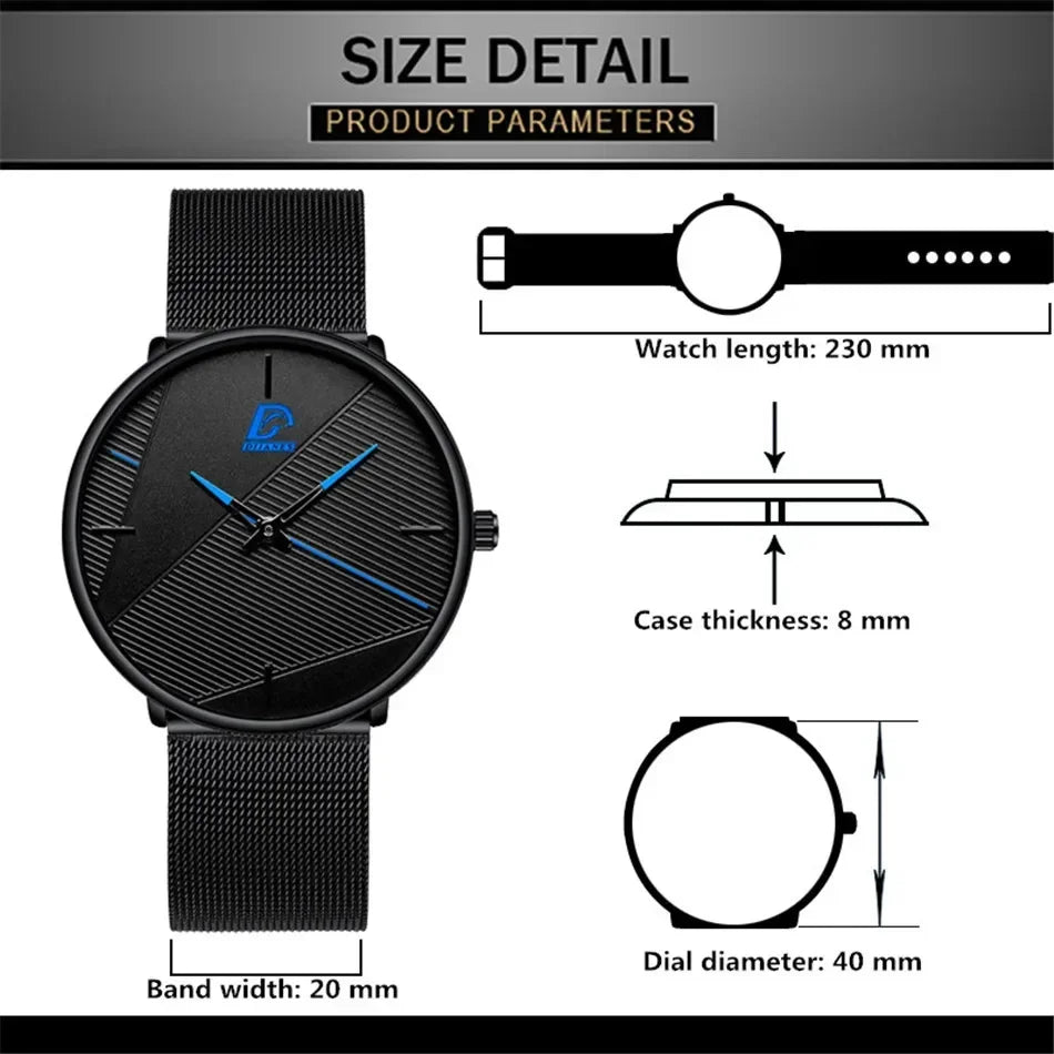 Minimalist men’s ultra-thin black quartz watch with a textured dial, blue hands and a black mesh strap. Size diagrams.