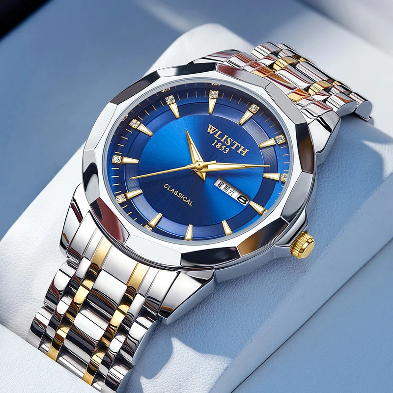 Classic men’s business watch with a blue dial, gold indices, and a two-tone silver and gold stainless steel strap.