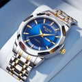 Classic men’s business watch with a blue dial, gold indices, and a two-tone silver and gold stainless steel strap.