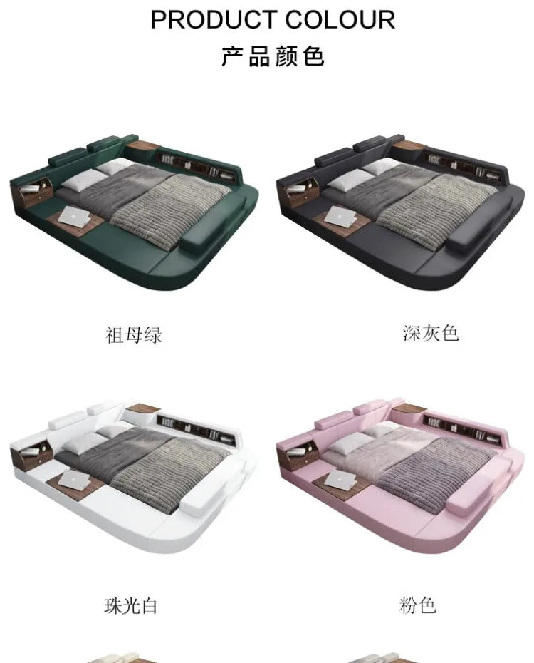 Modern luxury upholstered beds with integrated storage and side tables, available in green, grey, white, and pink.