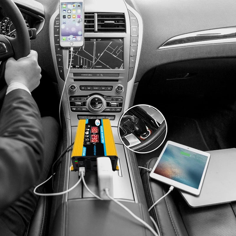 Yellow 4000W car power inverter with digital display, dual USB ports, and AC socket charging devices in a car console.