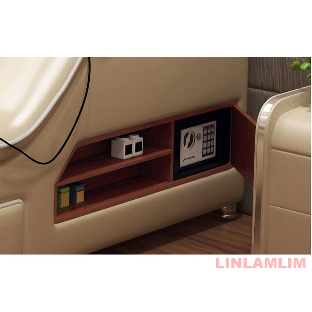 Cream leather platform bed featuring a built-in wooden storage shelf and integrated security safe.