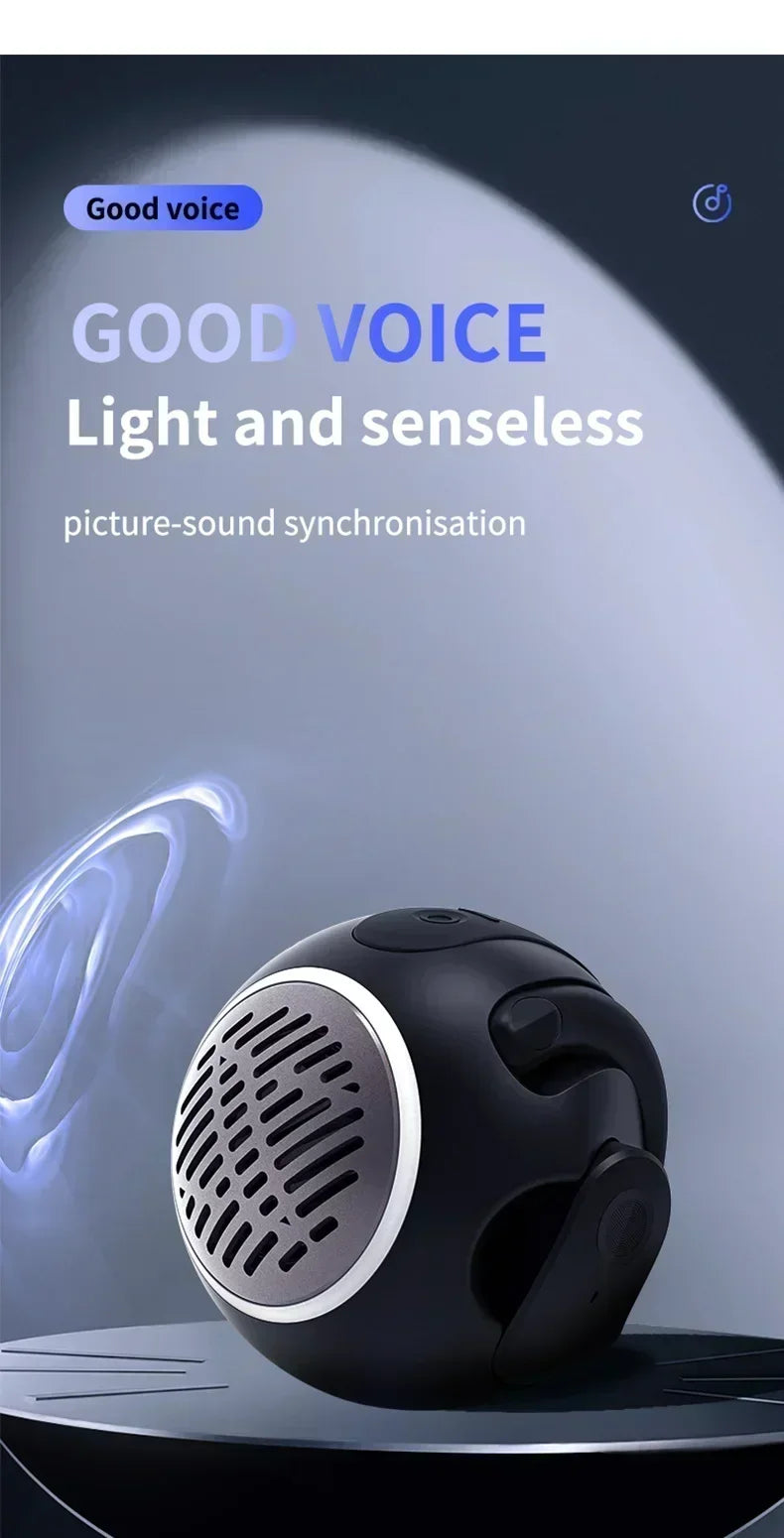 A sleek, black, sphere-shaped portable speaker with a circular metallic grille on a stand against a blue background.