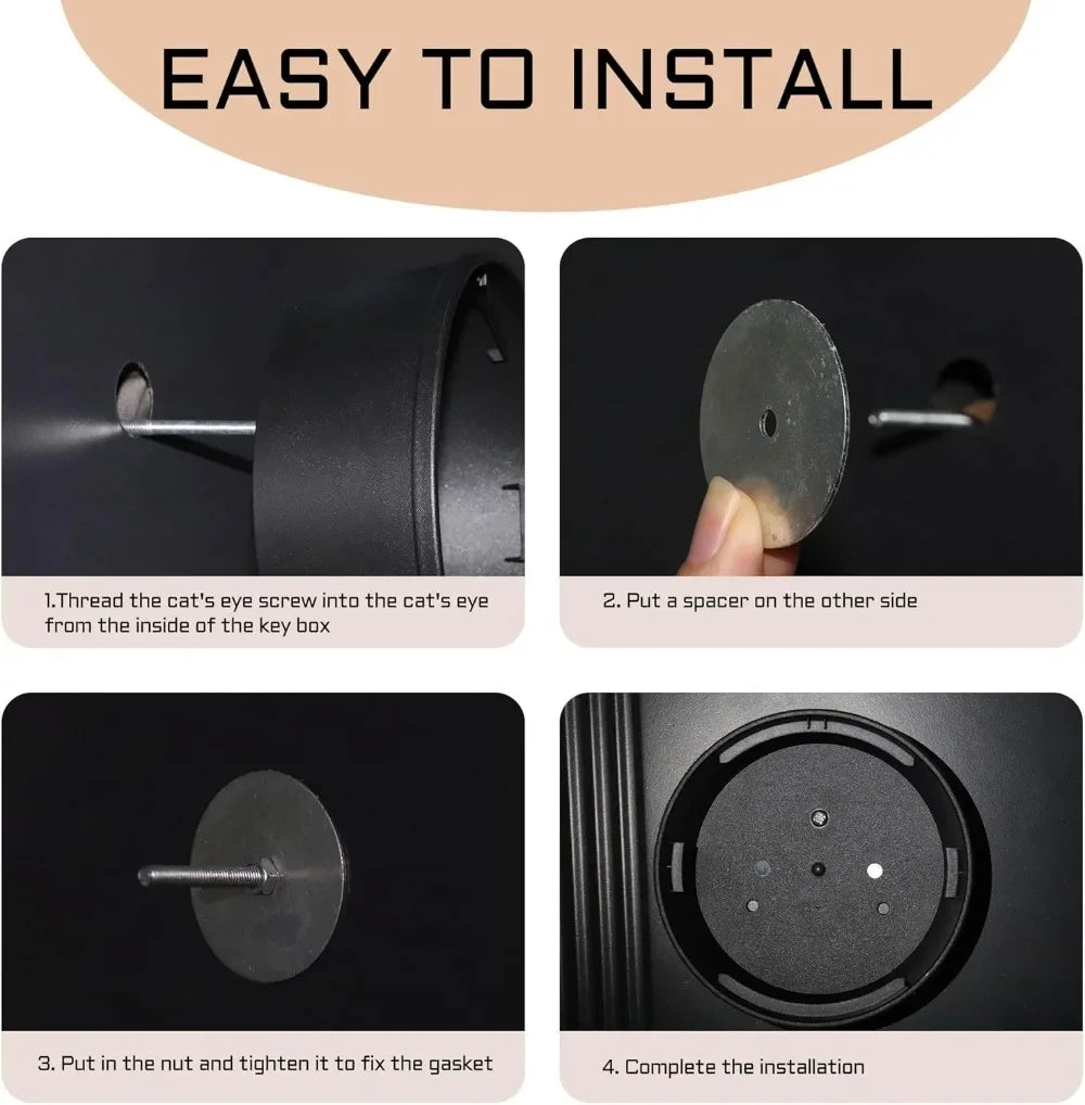 Four-step installation guide for a black metal key lock box using a screw, metal spacer, and nut.