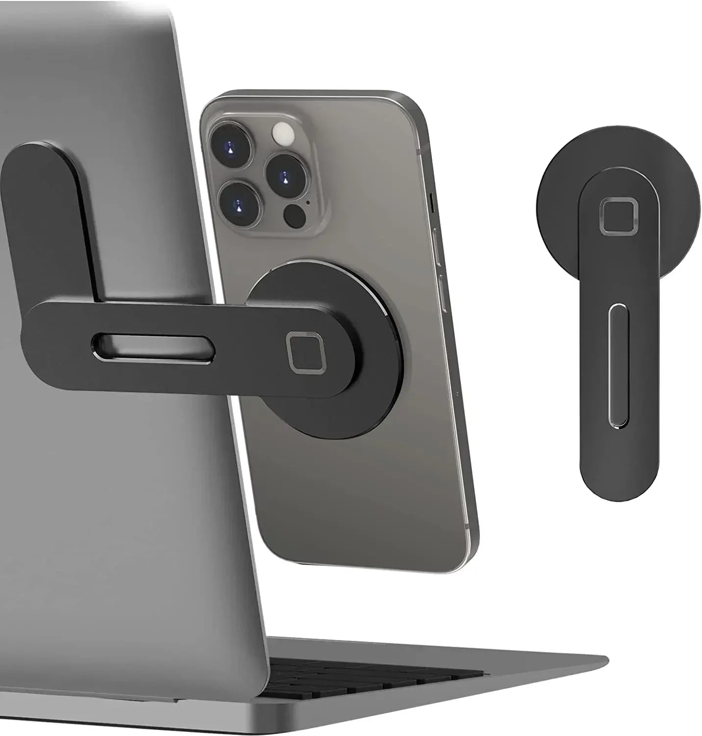 Black magnetic phone holder attached to a laptop, allowing the smartphone to mount securely to the screen side.