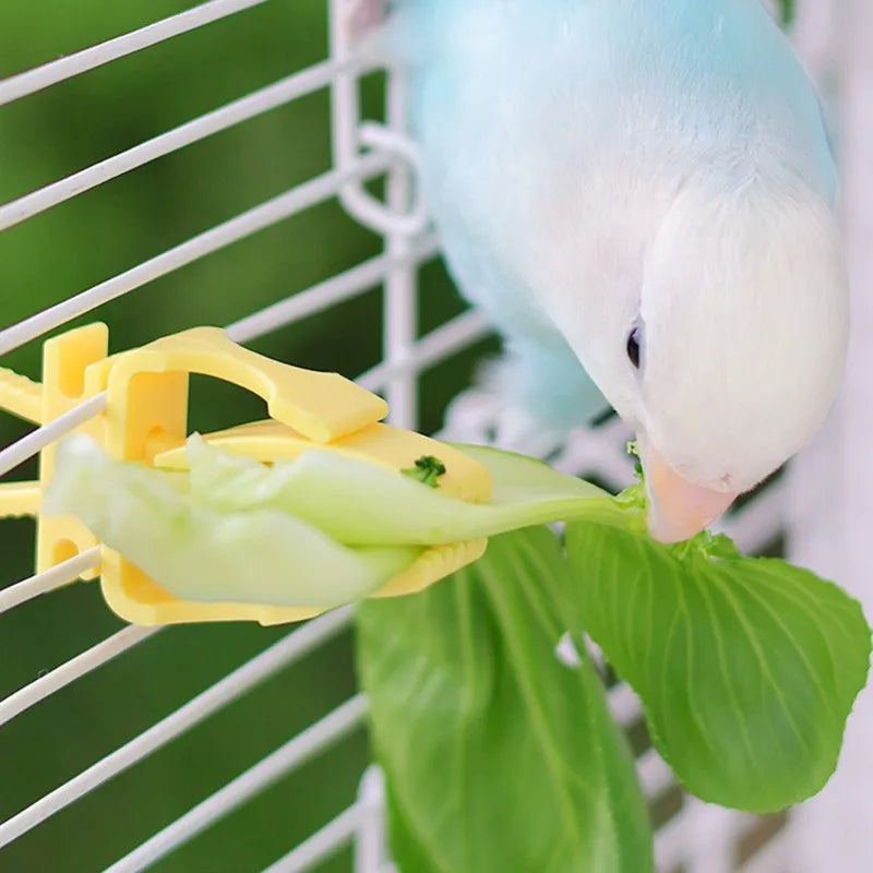 A bright yellow plastic bird cage food clip holding a green leafy vegetable for a small blue bird.