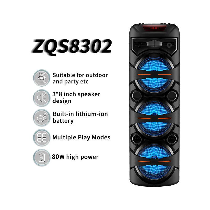 Black portable party speaker featuring three 8-inch drivers with vibrant blue LED lights and a digital display.