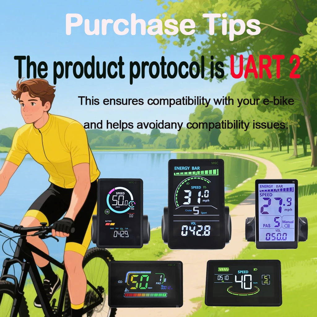 Black electric bicycle LCD display panels showing speed and battery metrics against a park and cyclist background.