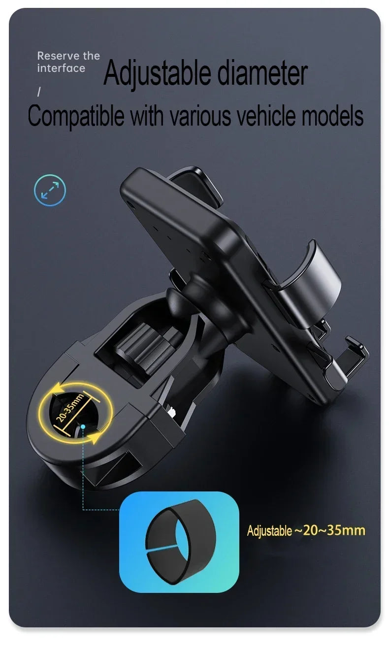 Black adjustable phone mount for vehicles, featuring a 20-35mm clamp diameter for versatile mounting.
