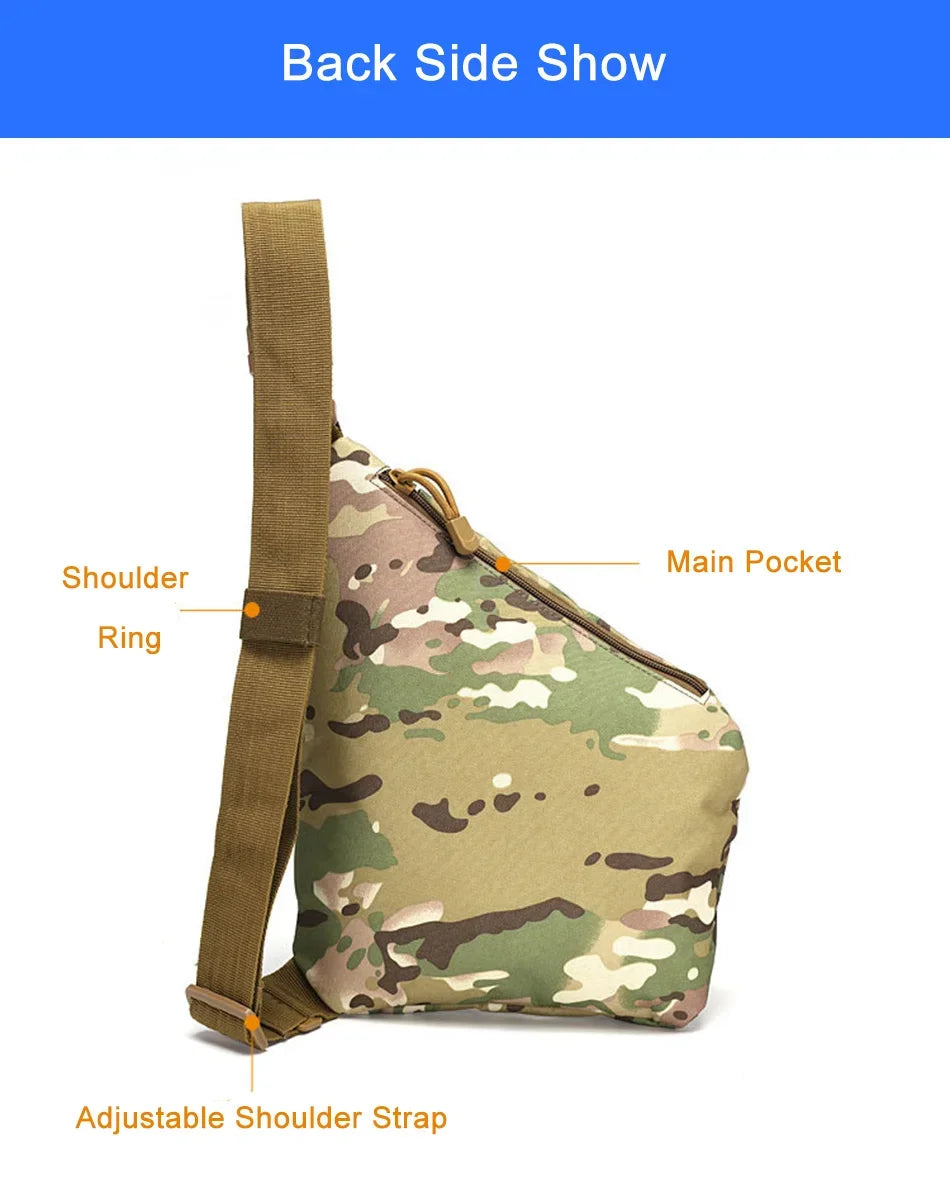 Camouflage-patterned sling bag with adjustable strap, shoulder ring, and a diagonal zipped main pocket.