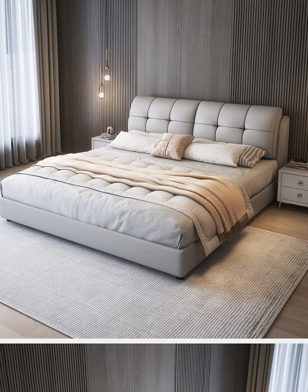 Minimalist queen bed frame in light grey, featuring a tufted, padded headboard and low-profile upholstered design.