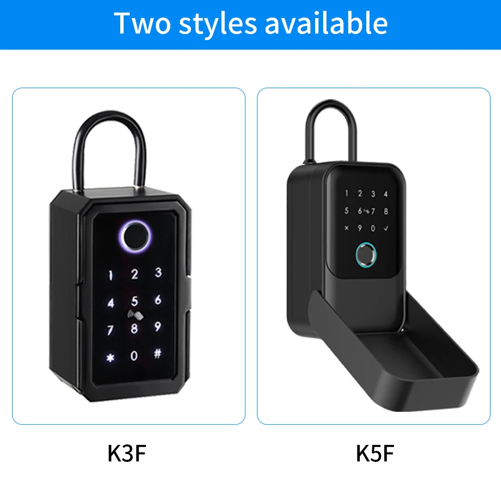 Two black metal smart key lock boxes with digital keypads and fingerprint scanners, shown in K3F and K5F styles.