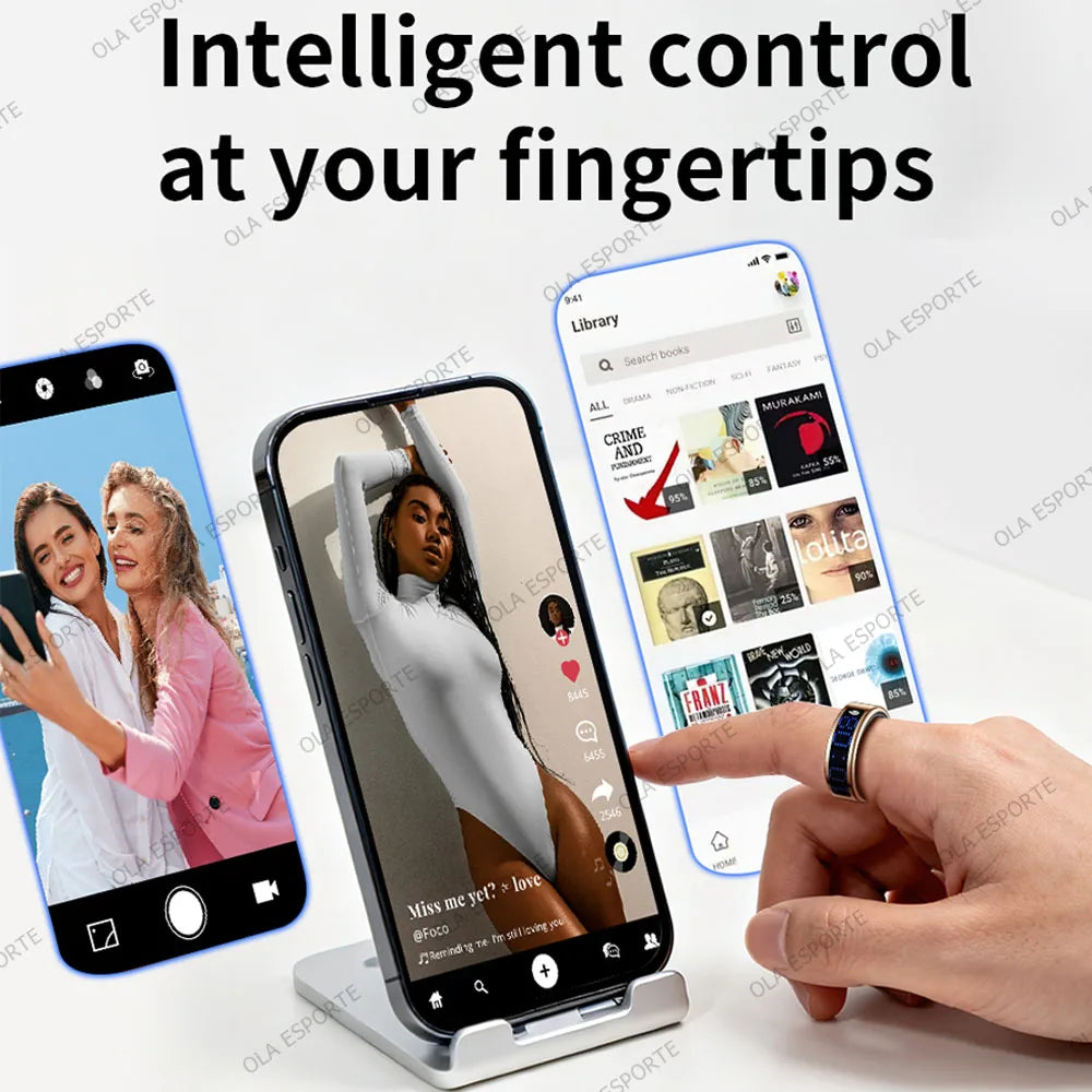 Sleek black smart ring with a digital touch display being used to scroll through a mobile phone screen.