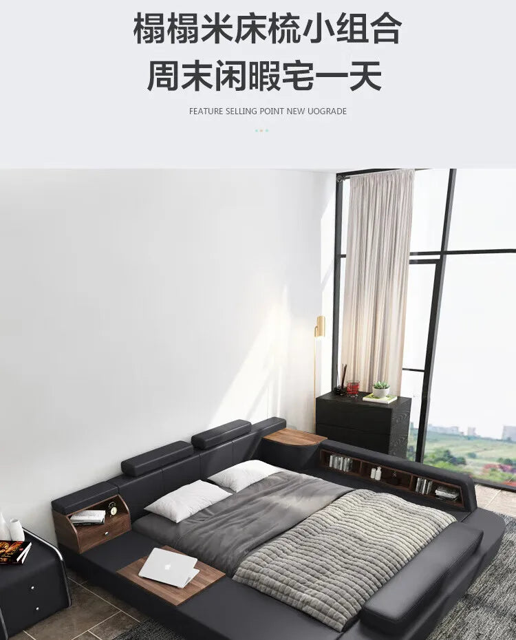 Modern black upholstered low-profile bed with integrated wooden shelving, side tables, and headrest storage.