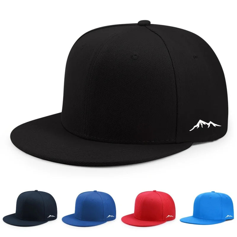 Unisex flat-brim baseball cap in black, blue, or red, featuring a small white mountain graphic on the side.
