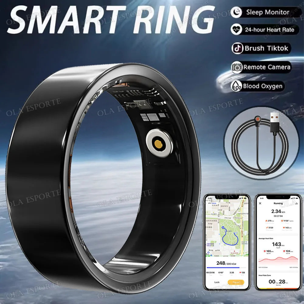A sleek, polished black smart health tracking ring, shown with its magnetic charging cable and mobile app interface.