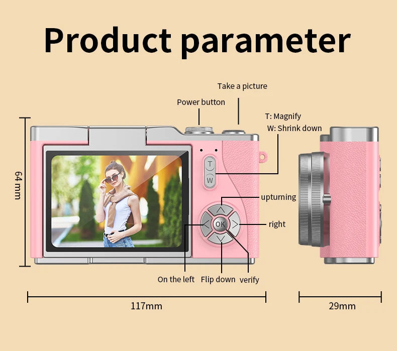 Pink digital camera with a textured plastic finish, rear LCD screen, and labeled buttons showing device dimensions.