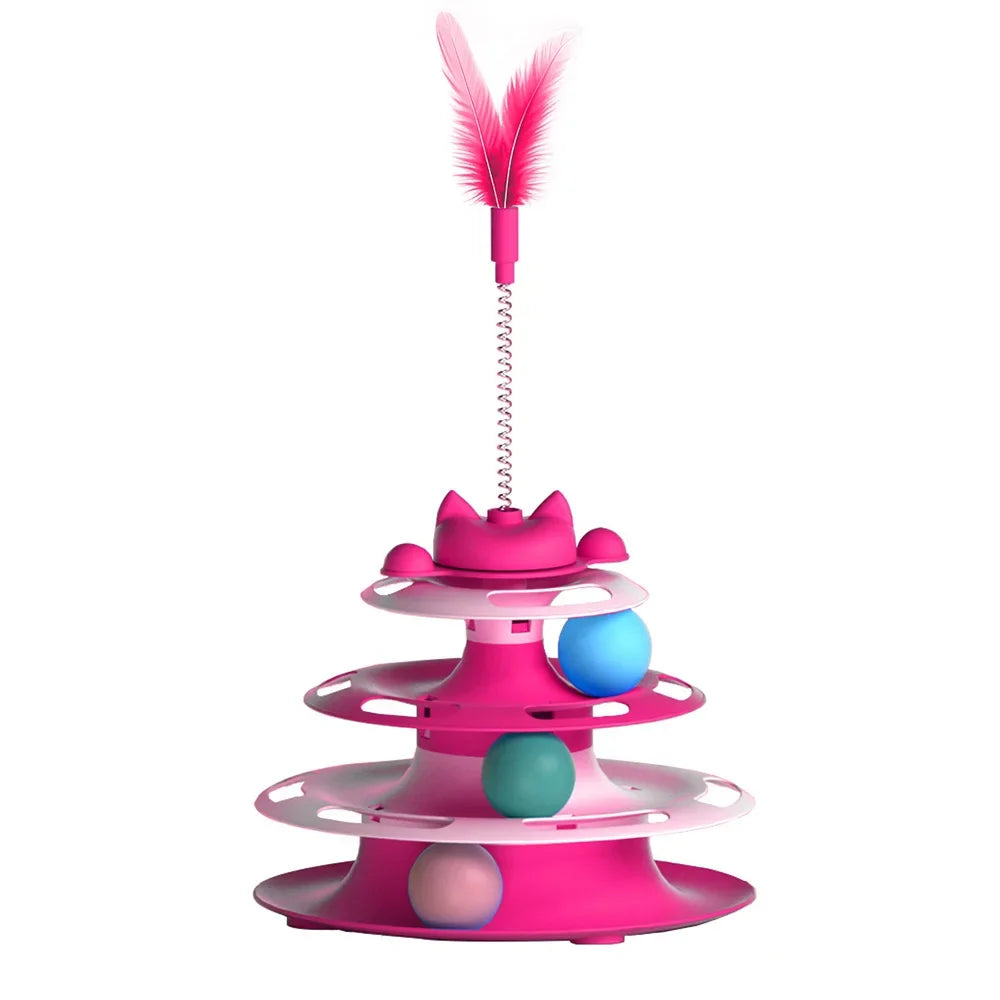 Pink three-tier cat turntable toy with a feather wand topper and colourful rattling balls on each level.