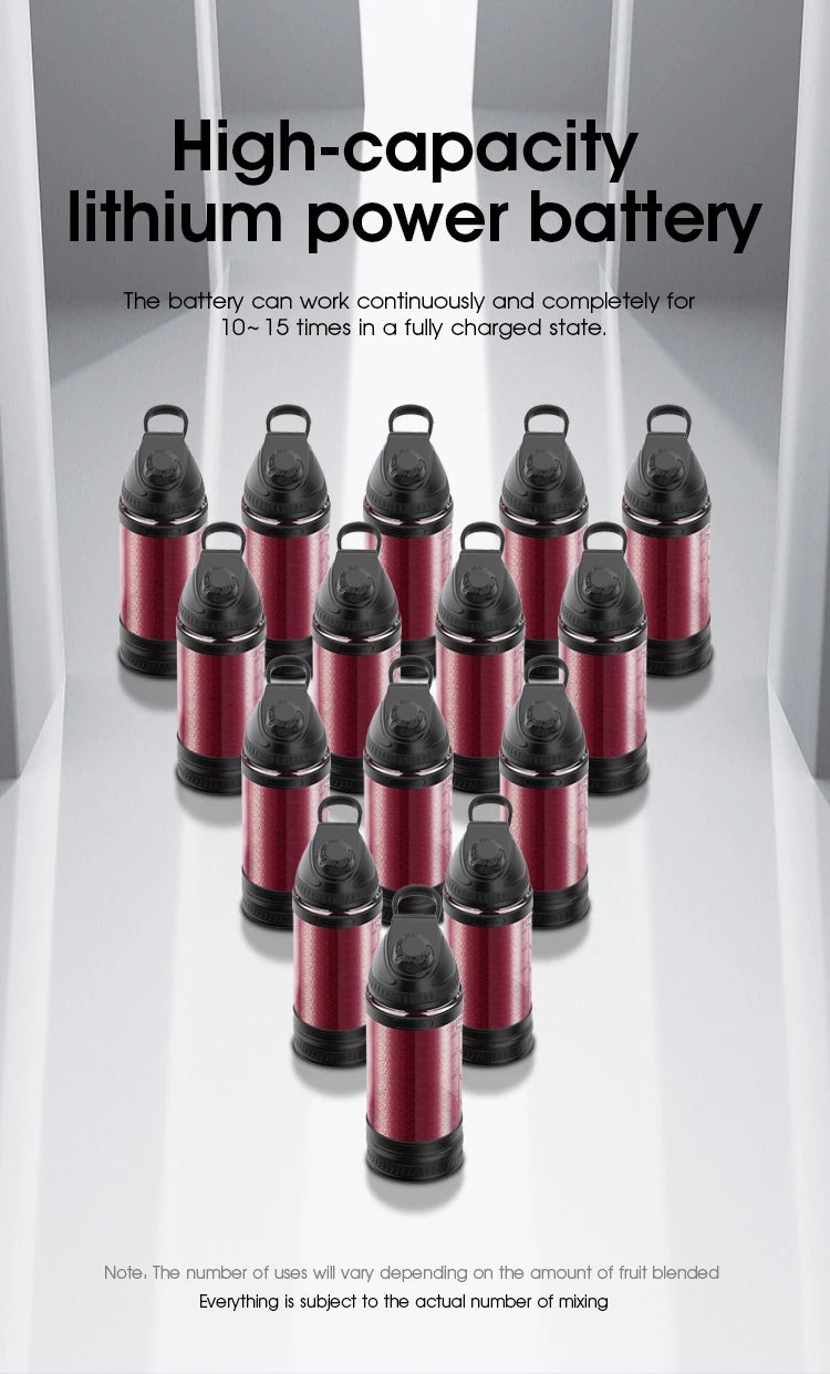 A triangular arrangement of portable, deep red blenders with black lids and handles on a white background.
