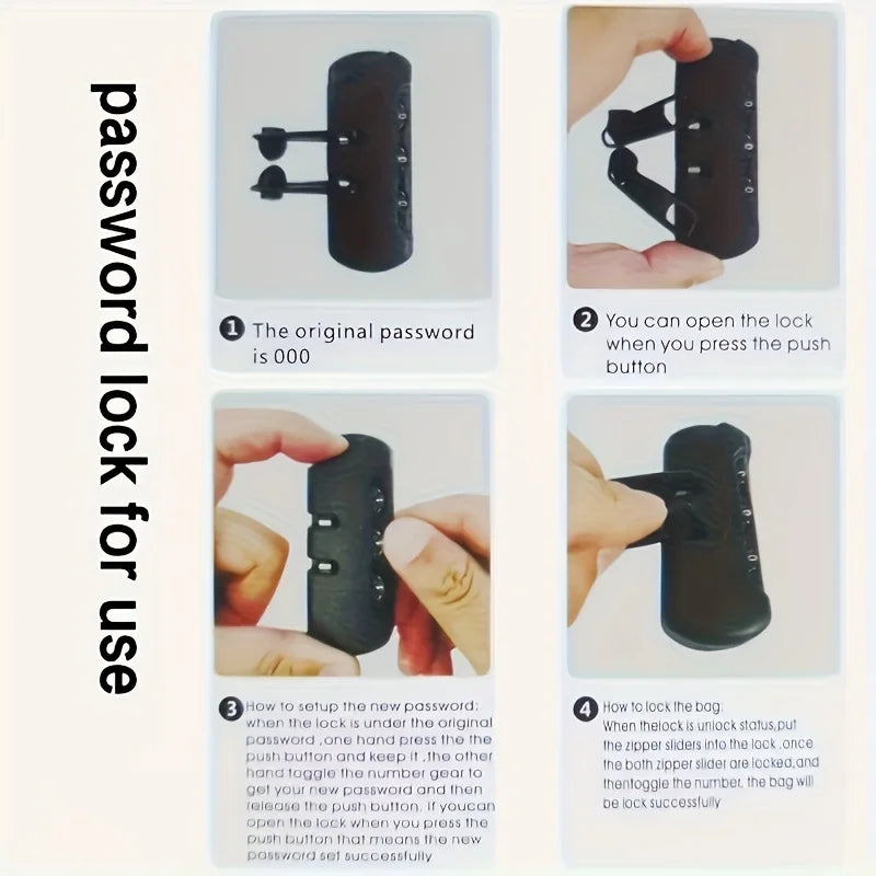 A four-step instructional guide showing how to set and use the black anti-theft combination lock on a sling bag.