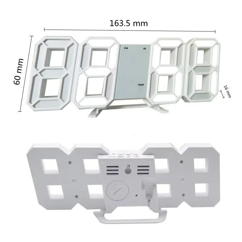 Modern white 3D LED digital alarm clock with desk stand and wall-mount option, showing dimensions and rear controls.