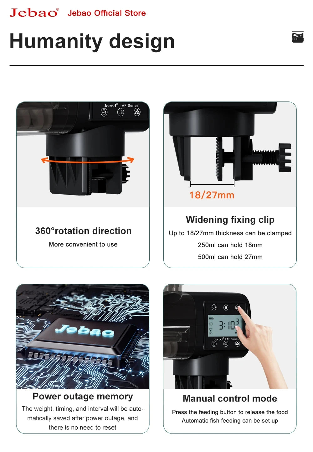 Black automatic fish feeder with 360-degree rotation, adjustable mounting clamp, LCD control panel, and memory backup.