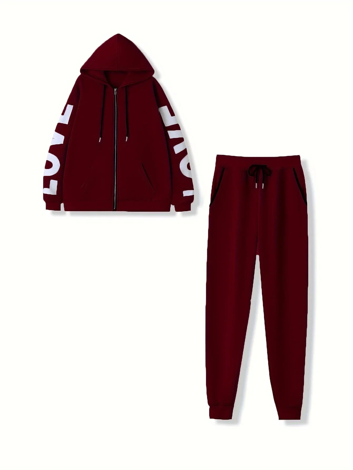 Deep red zip-up hoodie and joggers set featuring white 'LOVE' text on the sleeves, drawstring hood, and cuffed hems.