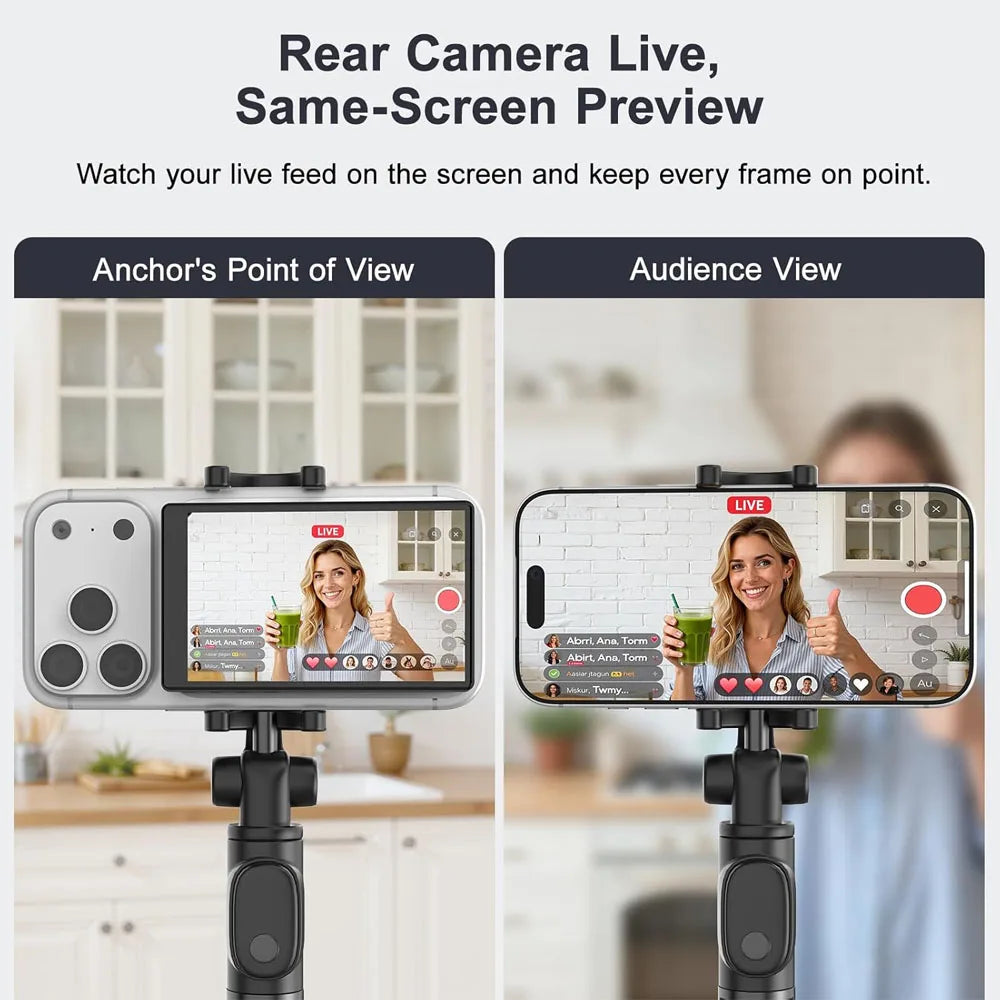 White smartphone camera rig for live streaming, showing front and rear screen views on a black tripod stand.