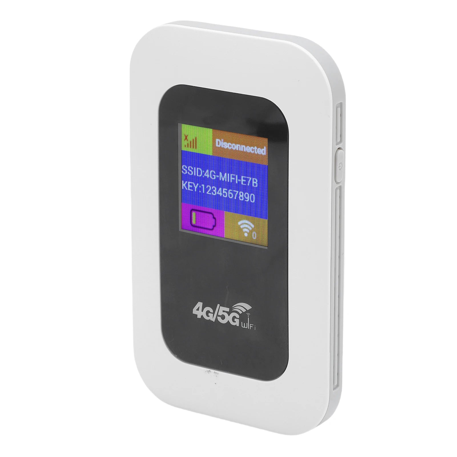 A sleek white portable 4G wireless WiFi hotspot device with a digital display screen showing network status.