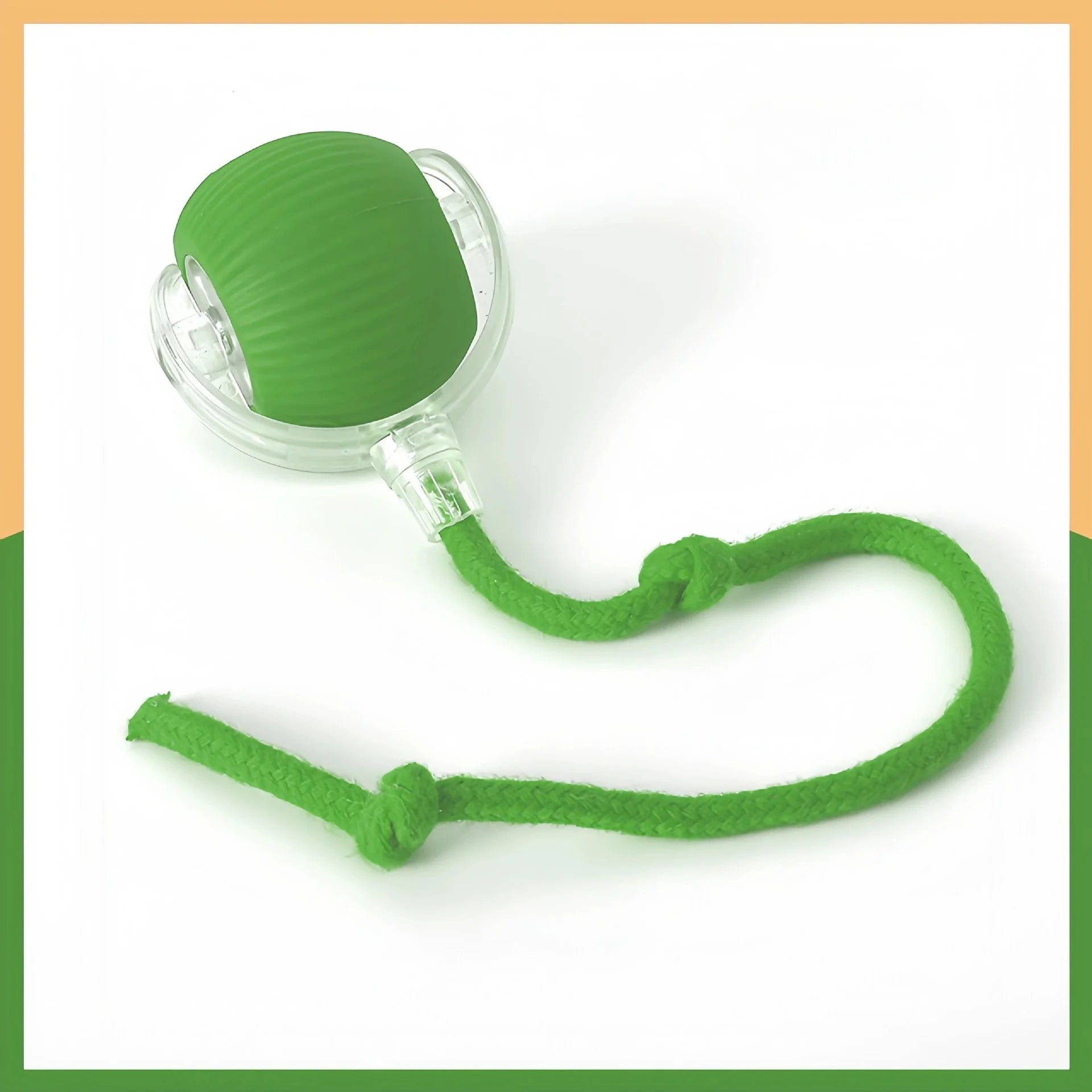 Green interactive dog ball toy with a textured surface, clear plastic frame, and a knotted green rope attachment.