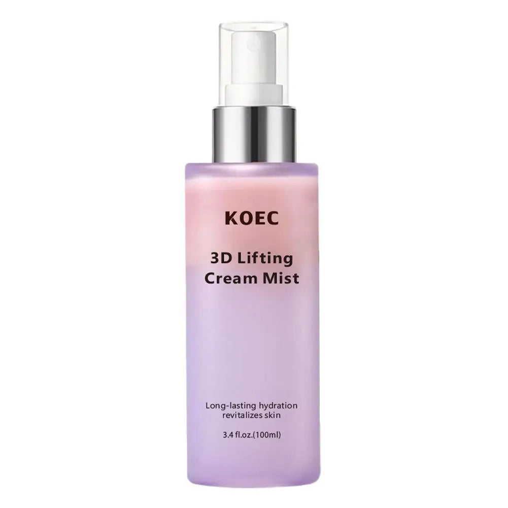 100ml lifting cream face mist in a gradient pink and purple spray bottle with a clear cap.