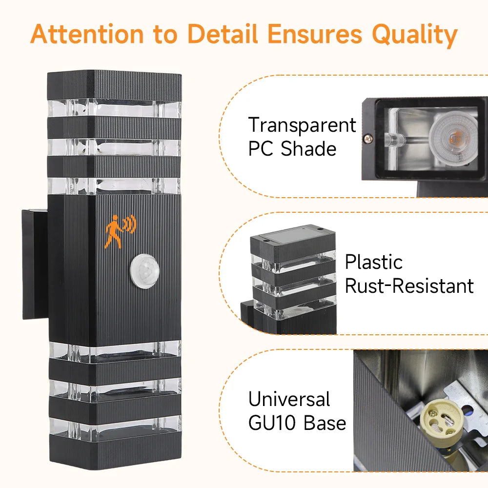 Black modern outdoor LED wall light with motion sensor, transparent shades, and rust-resistant finish.