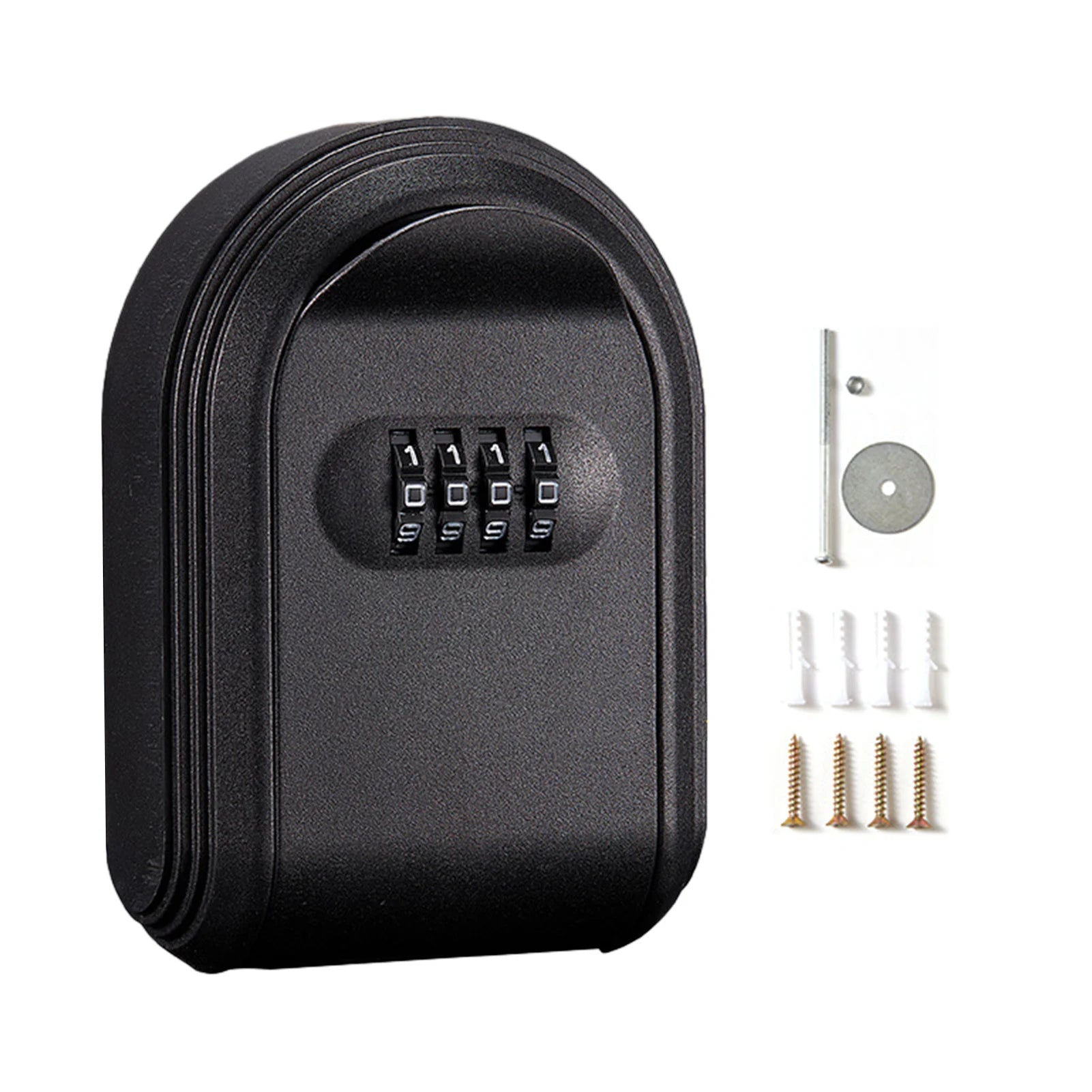Black metal key lock box with a four-digit combination dial, plus mounting screws and wall anchors.