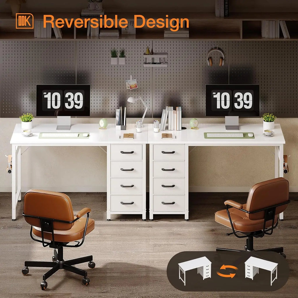 Reversible two-person white desk with two 4-drawer cabinets, computers, and brown leather chairs against a pegboard wall.