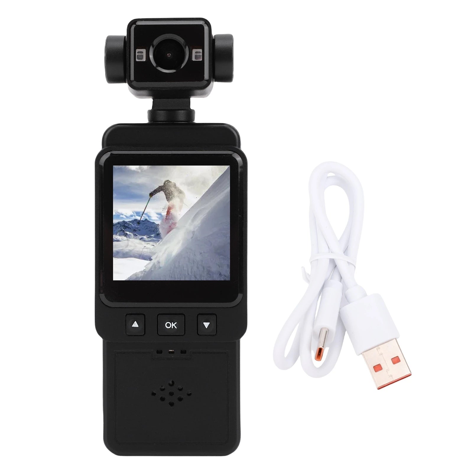 Black plastic action camera with gimbal-mounted lens, digital screen, control buttons, and a white USB charging cable.