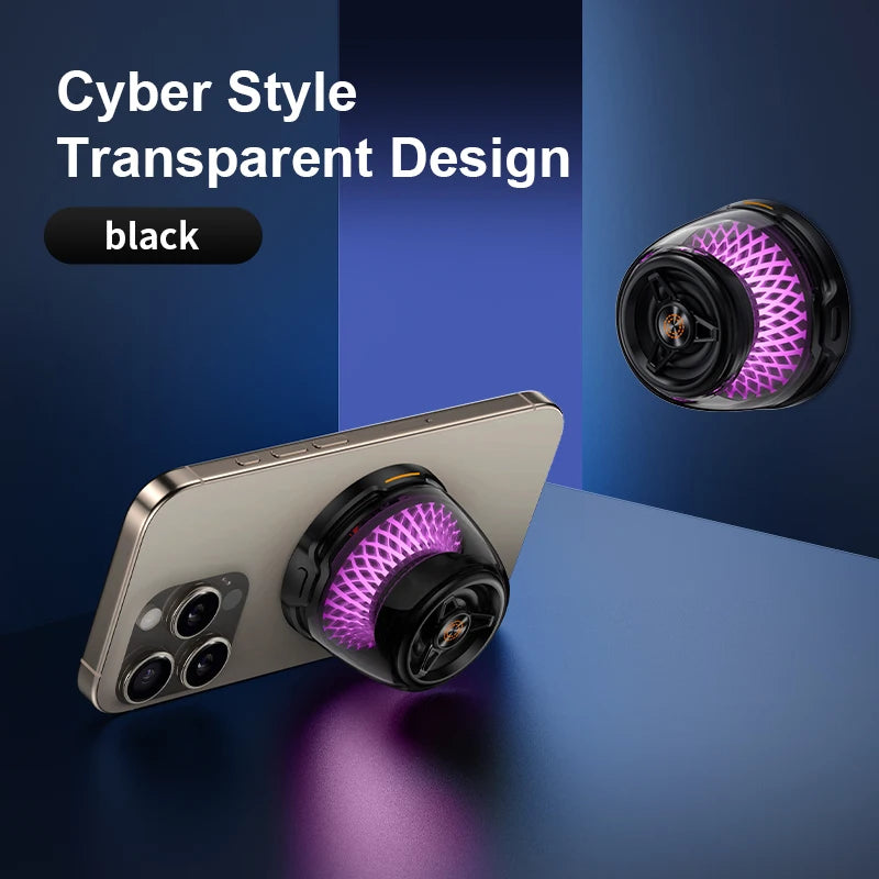 Black, portable, magnetic Bluetooth speaker with a cyber-style transparent design and vibrant purple internal lighting.