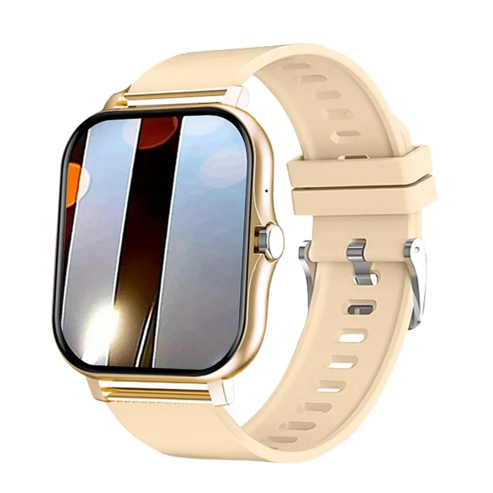 Smart watch in beige with a sleek square touchscreen, gold-tone frame, and matching comfortable silicone strap.