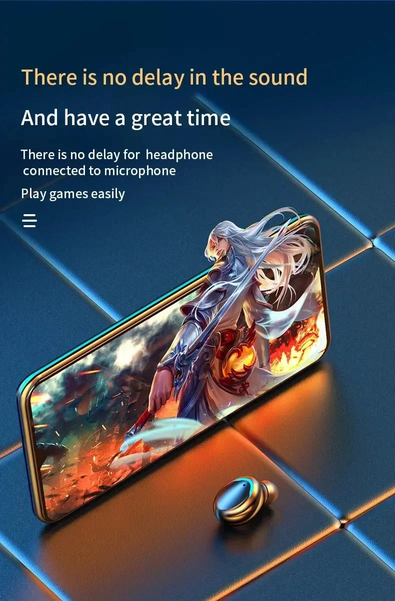 Small, metallic wireless earbud next to a smartphone displaying a fantasy-themed gaming scene on a dark grid background.