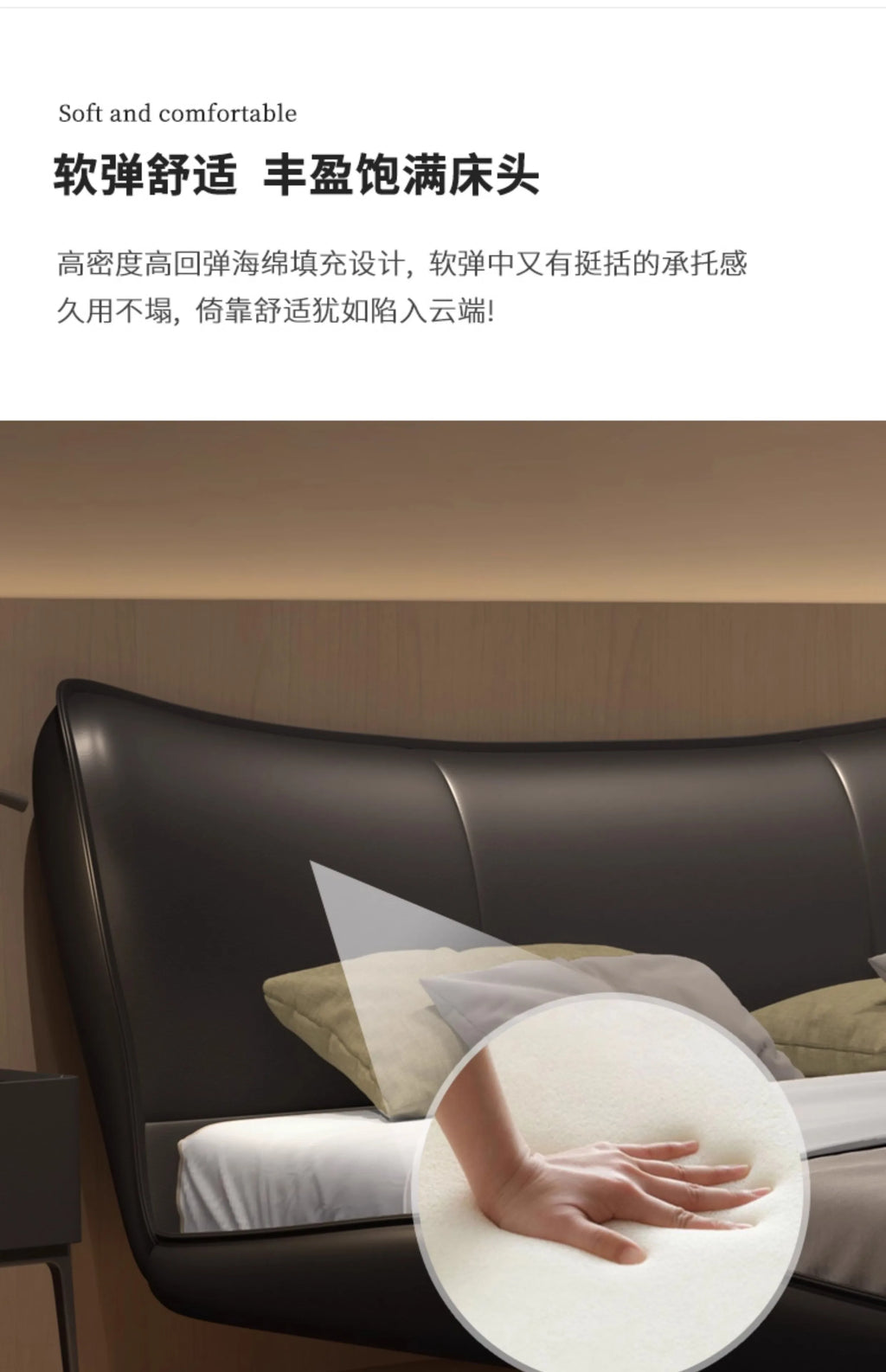 Modern upholstered bed frame with a sleek, curved black headboard and a high-density cushioned foam interior.