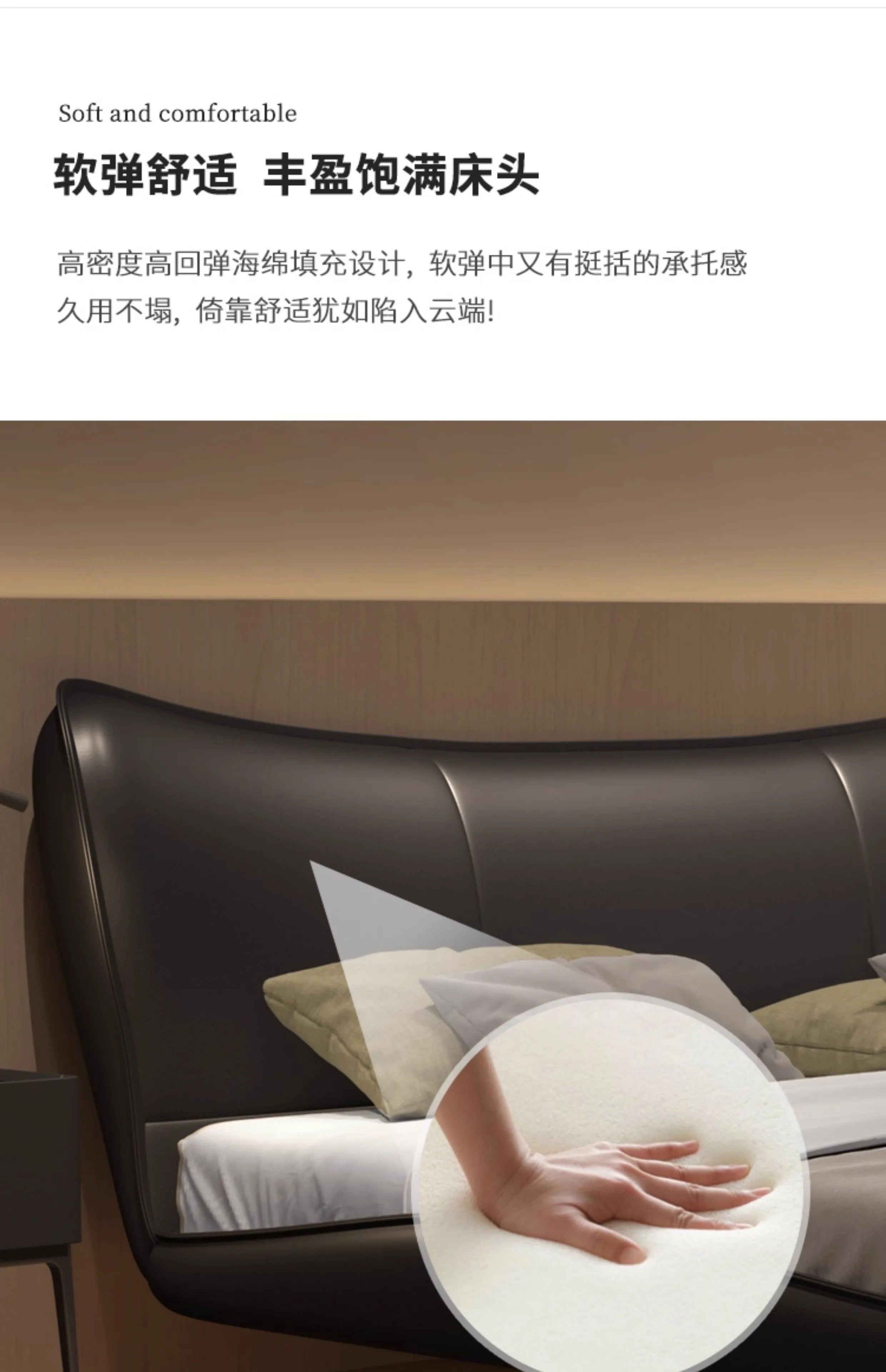Modern upholstered bed frame with a sleek, curved black headboard and a high-density cushioned foam interior.