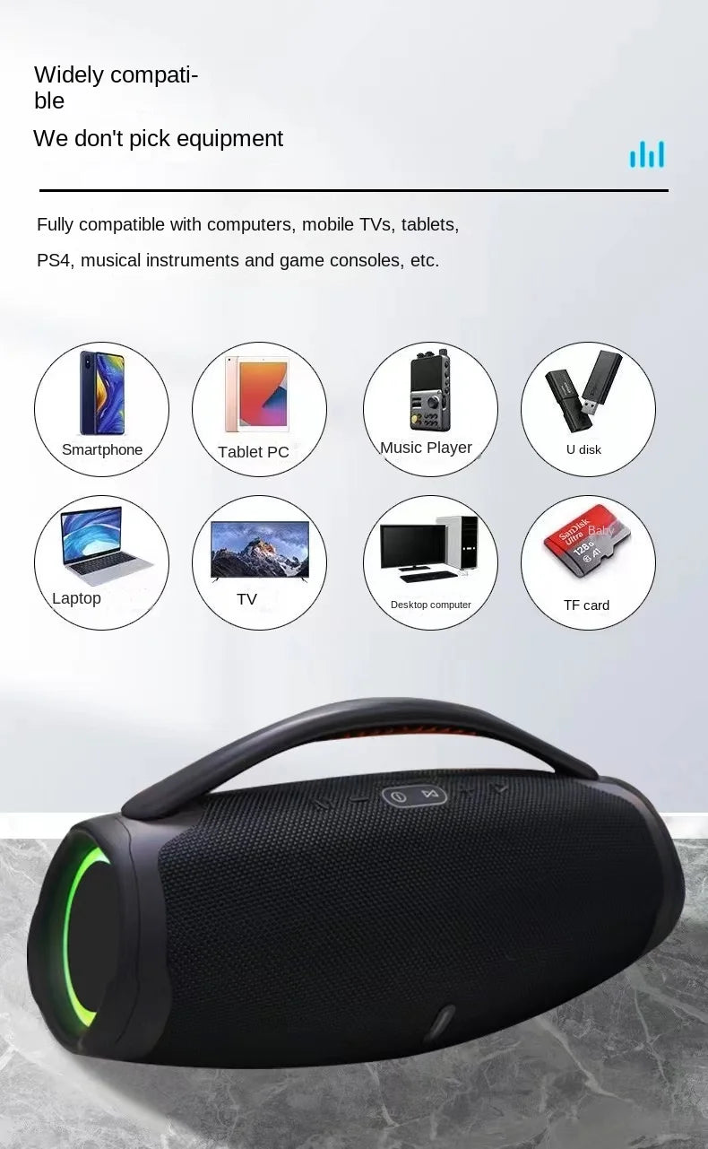 Black 100W portable Bluetooth speaker with a sturdy carry handle, RGB side lighting, and wide device compatibility.