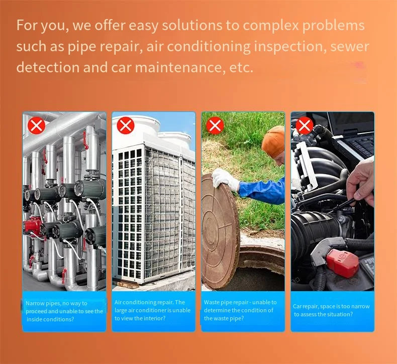 Four images showing restricted access areas like pipes, AC units, and car engines, highlighted as inspection challenges.