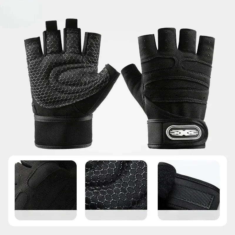 Pair of black fingerless gym gloves with padded honeycomb palms, wrist support straps, and hook-and-loop closures.