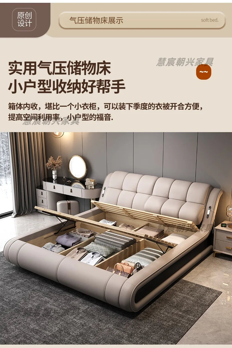 Modern beige genuine leather bed frame with an integrated gas-lift storage base in a stylish, contemporary bedroom.
