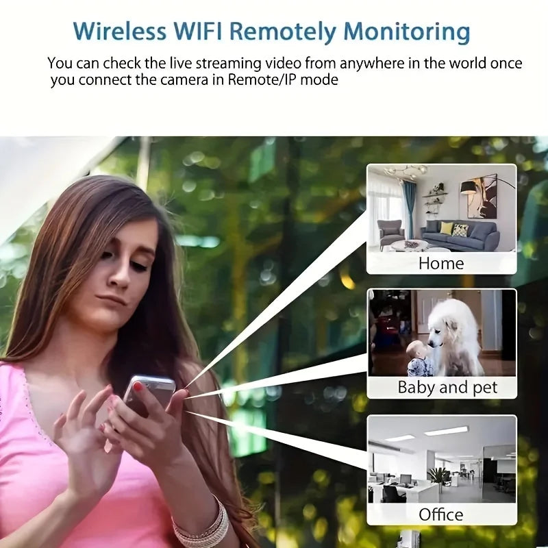 A woman using a smartphone to remotely view live video feeds of a home, baby, pets, and an office.